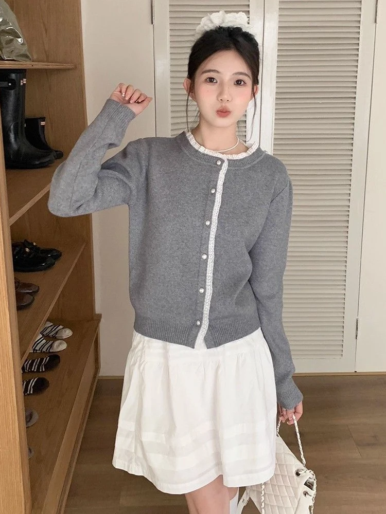 

Женский вязаный открытый кардиган, свитер, высококачественная верхняя одежда с кружевной отделкой, модная повседневная одежда Ele Sle, зимний сезон