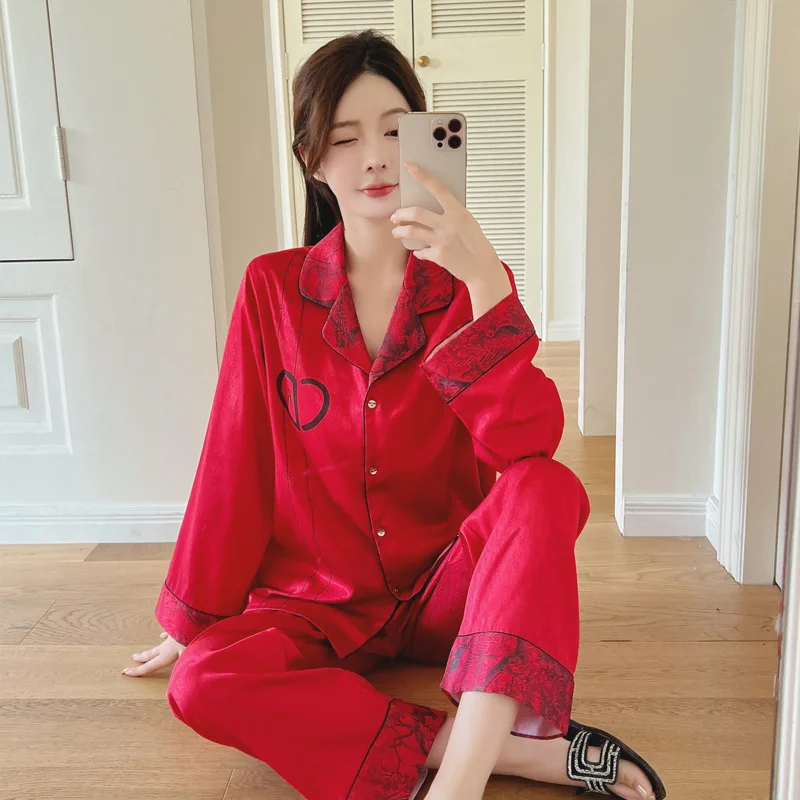 Noble Spring And Summer Pajamas Woman Ice Silk Red Heart-shaped Lapel Long Sleeve Casual Simpl High Quality Satin Pyjamas Sets