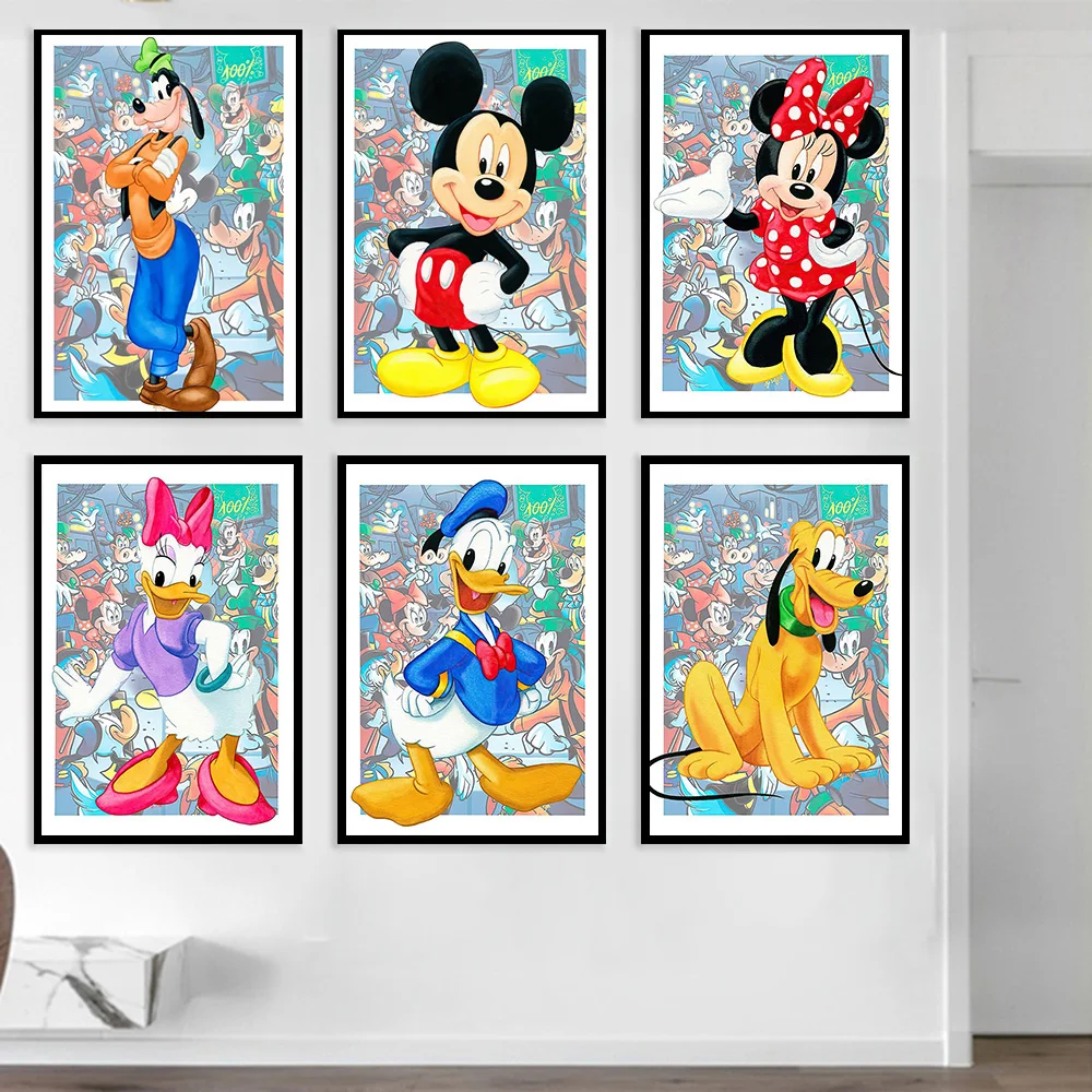 MINISO Disney Cartoon Character Mickey Minnie Donald Goofy Bruteaux Wall Art Posters Children's Room Home Decor Canvas Painting