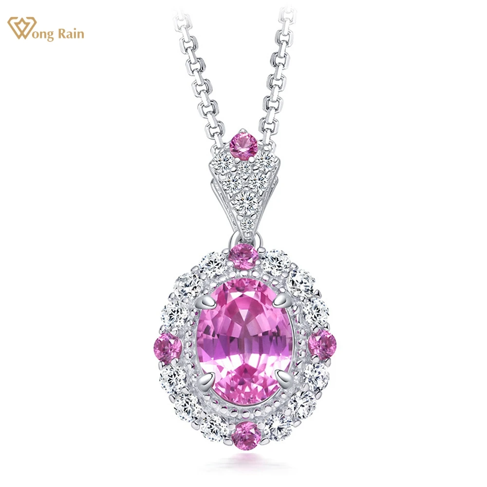 

Wong Rain 925 Sterling Silver 6*8 MM Oval Cut Lab Sapphire High Carbon Diamond Gemstone Pendant Necklace for Women Fine Jewelry