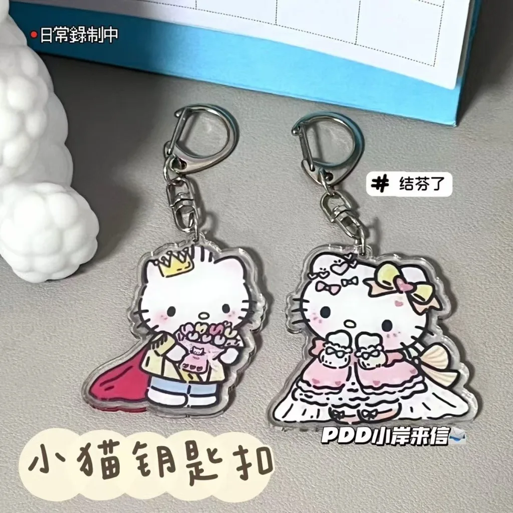 2PCS Hello Kitty Prinses Prins Koppels Anime Figuren Acryl Sleutelhanger Leuke Cartoon Paar Kuromi Baku Sleutelhanger Hanger Geschenken