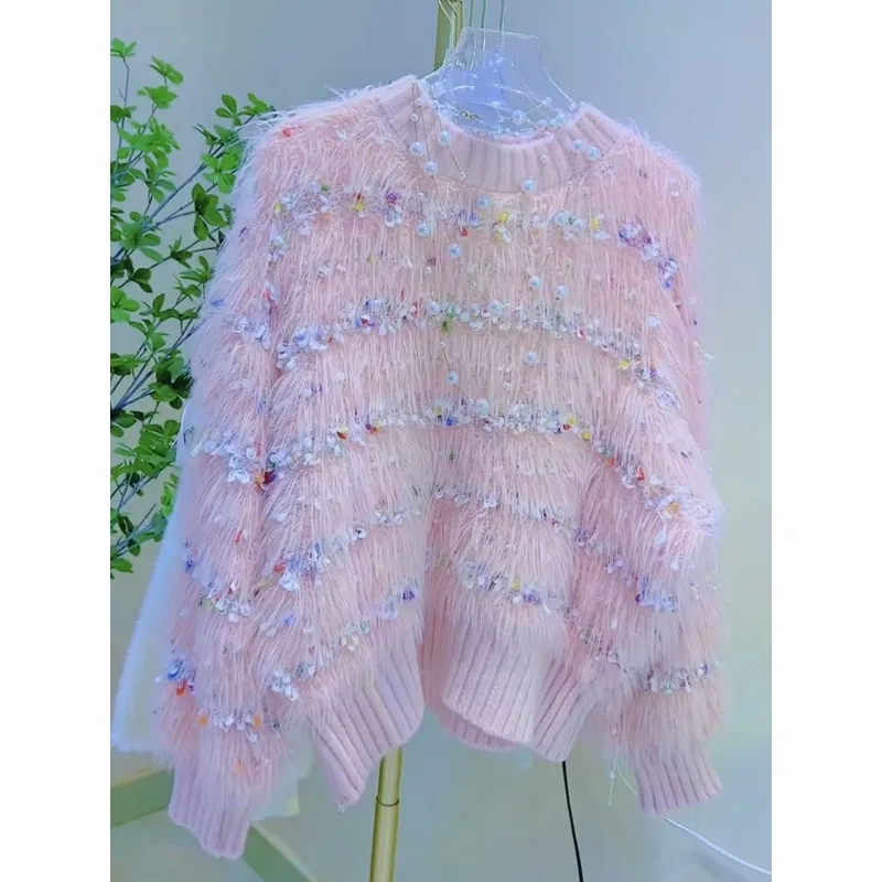 2026 Spring and Autumn Women's New Loose and Gentle Short Pink Sweater with Women's Design Sense, Small and Unique Knitted Top