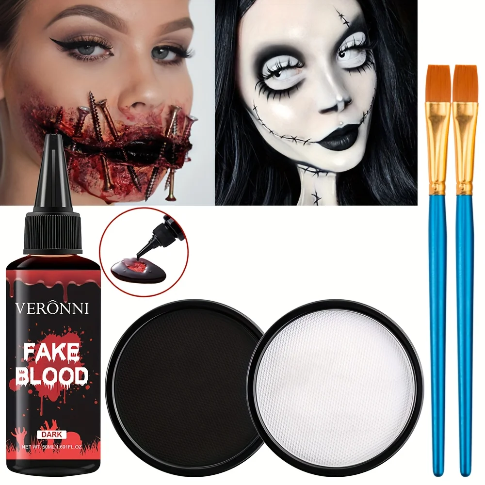 ชุดแต่งหน้าเลือดปลอมสมจริง 5 ชิ้น พร้อมสีทาหน้าสูตรน้ำสีดำและสีขาว และแปรง 2 อัน เหมาะสำหรับวันฮาโลวีน คอสเพลย์ และซอมบี้