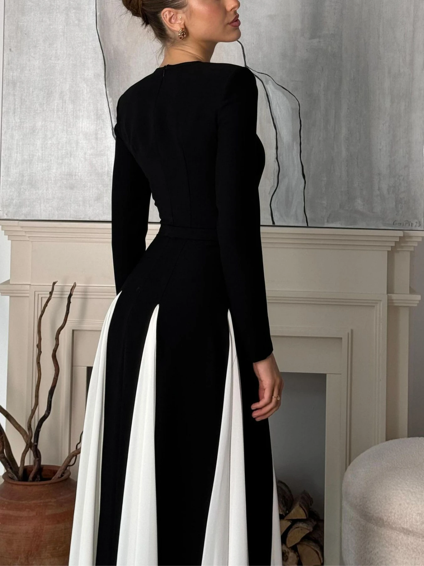 Mikydely-Elegant women clothing new fashion black and white stitching long sleeve dress