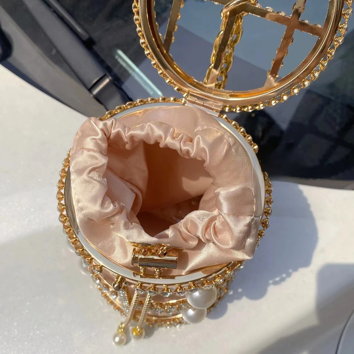 JIOMAY 2025 New Women's Gold Evening Clutch Bags Luxury Designer Silk Satin Bucket Bag,Crystal-Embellished Metal Pearl Party Bag