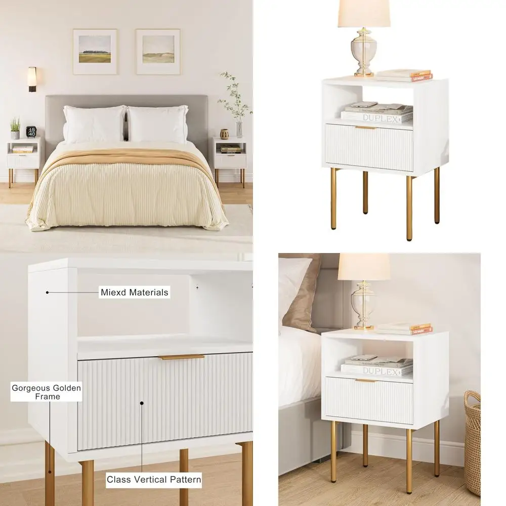

Прикроватная тумбочка в стиле Mid-Century Modern с ящиком и полкой, маленький приставной столик с золотистой рамкой для спальни или гостиной, белый
