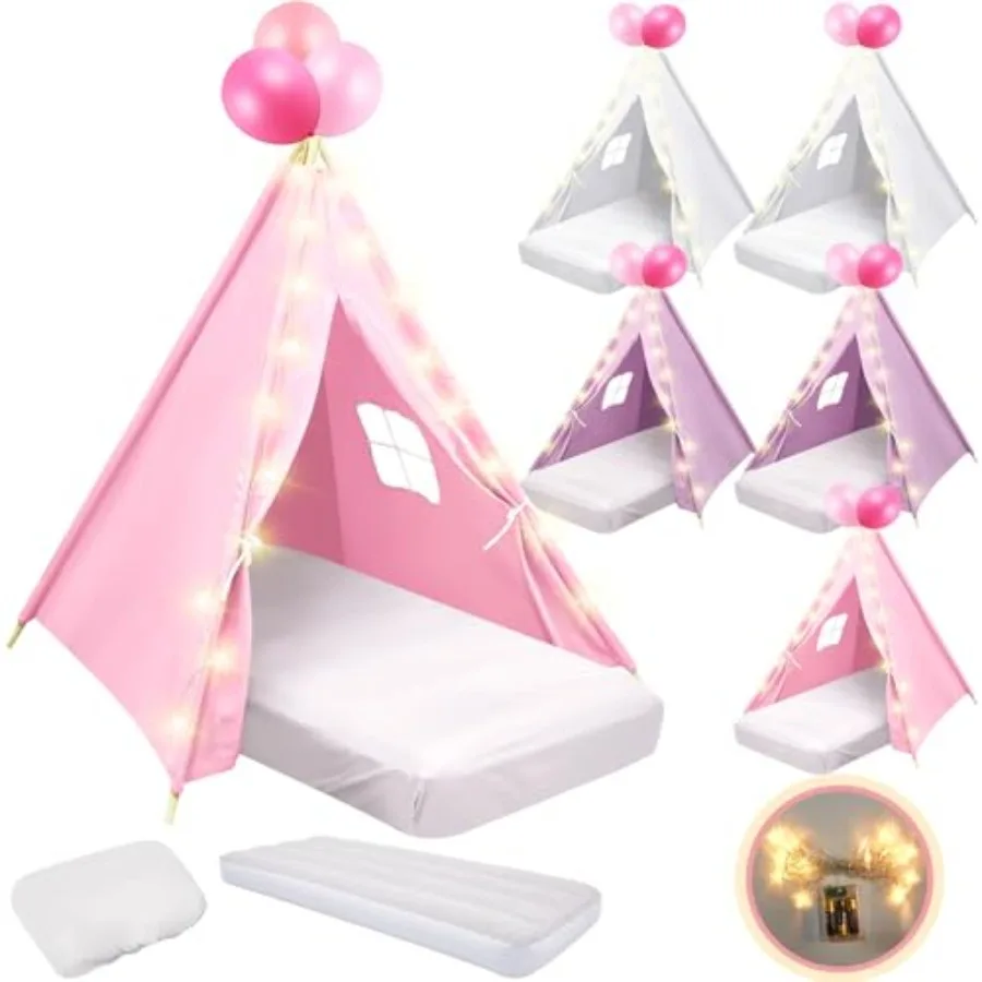 

6 Pack Sleepovers Teepee Tent for Bulk with Mattress Sheet LightNatural Cotton Washable Indoor Play Tent for Birthday Slumber P