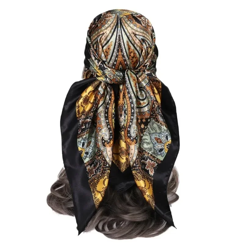 Lenço de seda boêmio estilo feminino, hijab retrô, bandana de cabelo, versátil, impressão clássica, preto e dourado, 90x90cm