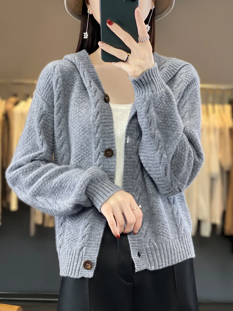 Addonee Women\'s Cardigan Autumn Winter High Quality Soft 100% Merino Wool Sweater Twist Flower Cashmere Knitted Hoodie Korean