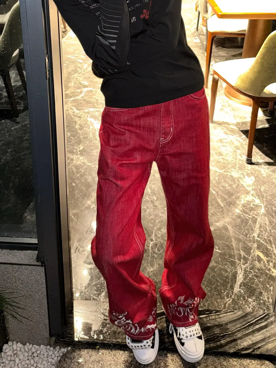 Jeans Women Red Vintage High Waisted Straight Denim Trouser Y2K 90s Hip hop American Streetwear Wide Leg Classic Denim Pants