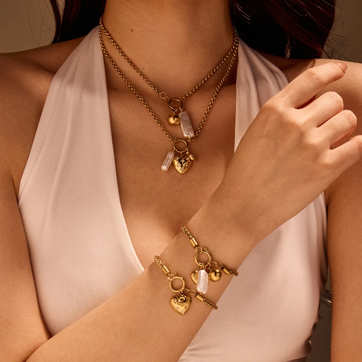 18K Gold Chunky Puffed Heart Toggle Necklace,Waterproof Non-Fading Stainless Steel,Vintage Layered Cable Chain Jewelry Set