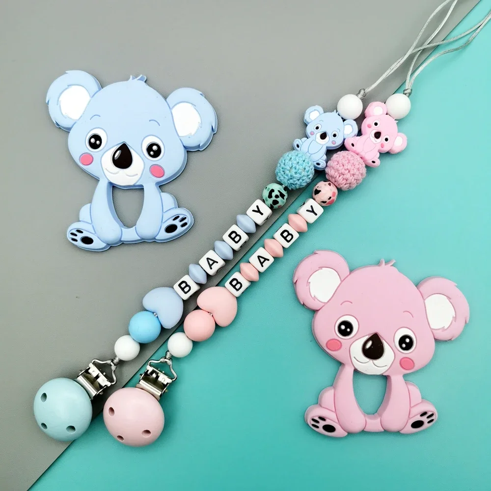 Chupete de Koala de silicona con nombre de letra en inglés y ruso personalizado, Clips, cadenas, colgante mordedor para bebé, chupete para masticar, mordedor Kawaii