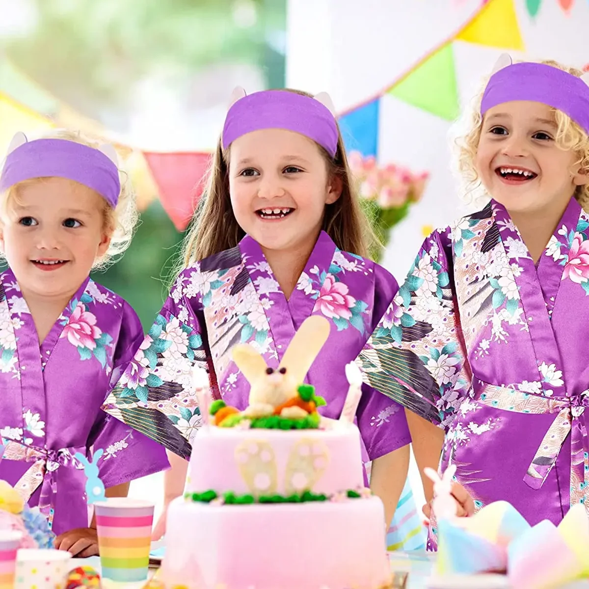 5/10Sets Spa Party for Girls Kids Robes Kmono Girl Birthday Party Satin Robes Flower Girl Bathrobe DIY Bathrobes with Headband