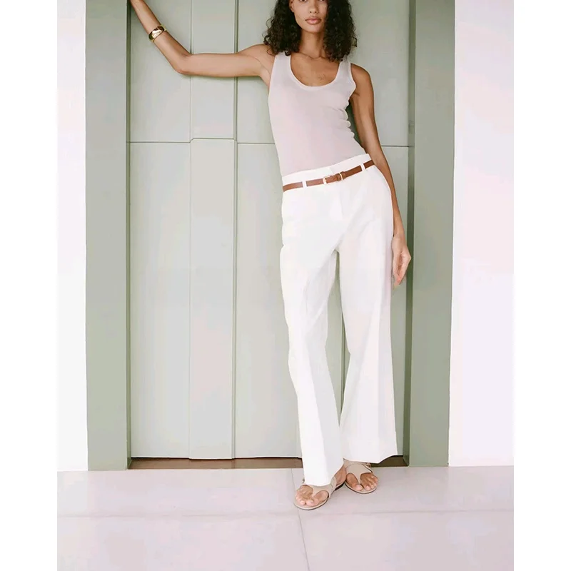 Summer Women's High Waist Simple Design Belted Casual Long Pants Straight Leg Zipper Closure Commute Sle Polyester Fiber