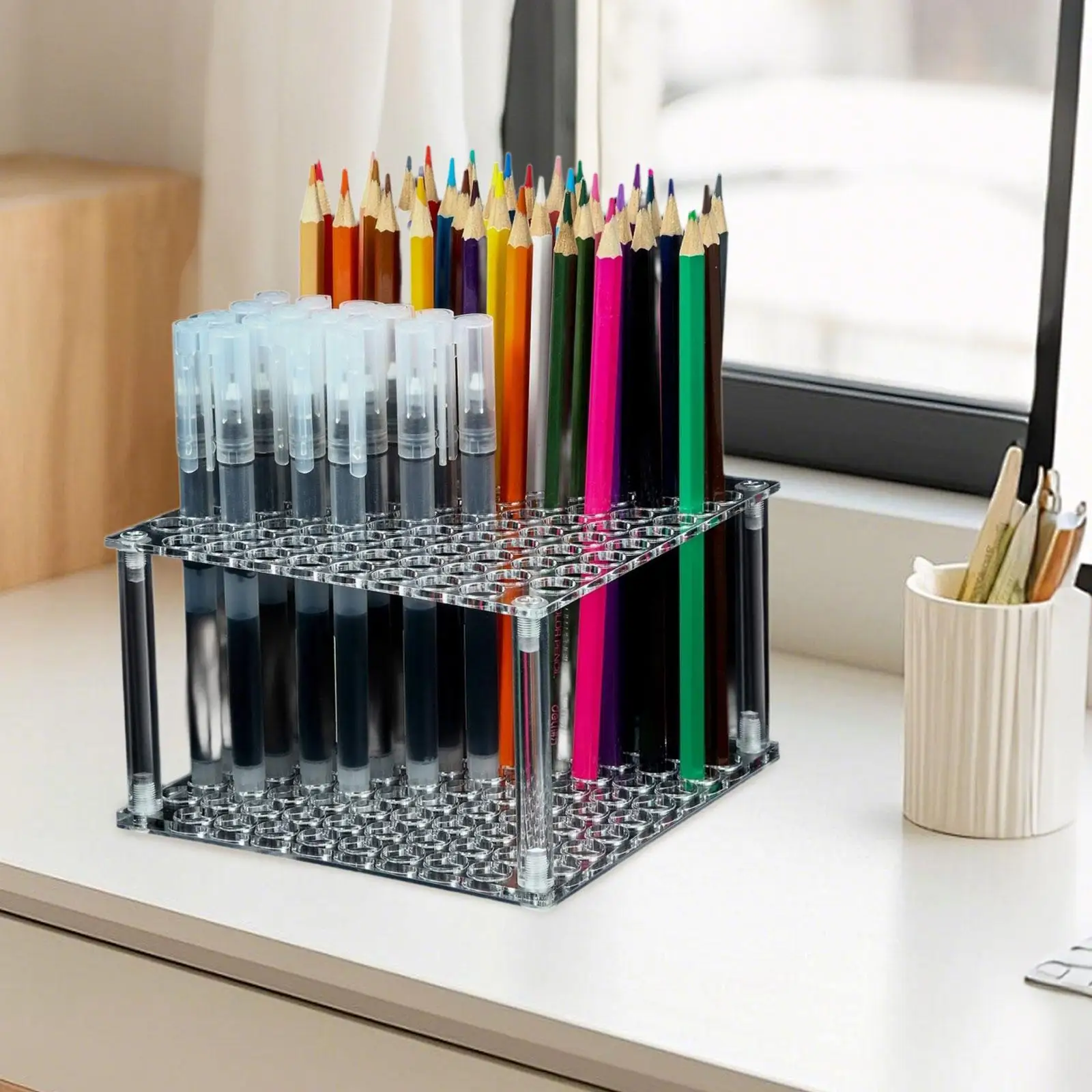 Pen Holder for Desk Makeup Brush Rack 96 Holes Acrylic Practical Stationery Decor Trendy Pen Display Stand for Dorm Workspace