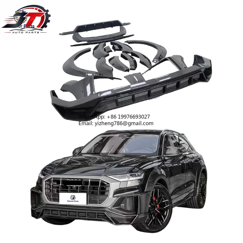 JT New Carbon Bodykit For 2019+ Audi Q8 with Exhaust Cutouts Front Lip Fender Flares Rear Diffuser Spoiler Aero Bumpers OME Bran