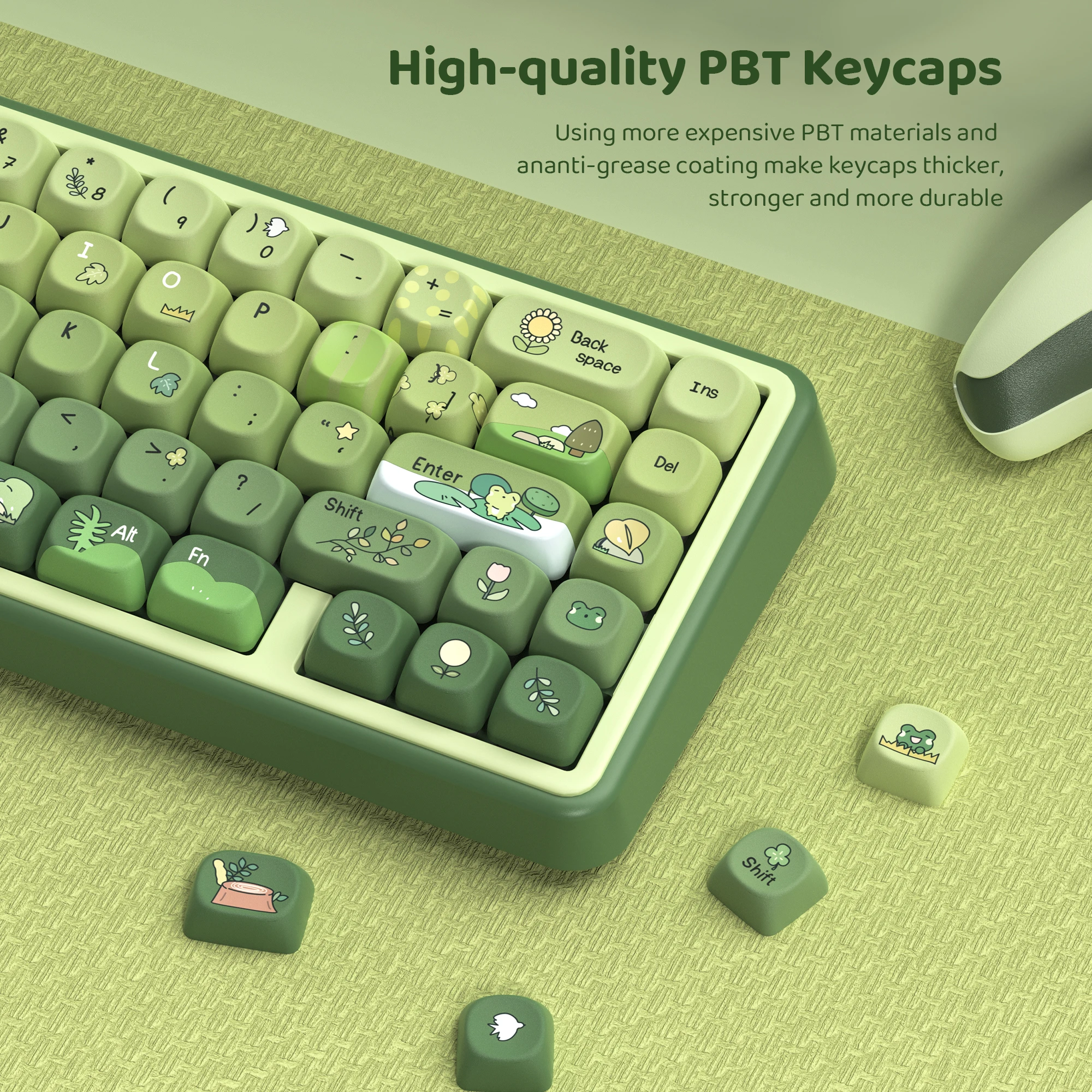 132 Keys Green 5 Sides Dye Sublimation PBT Keycaps Cute MOA Profile Keycaps for Cherry Gateron MX Switches Mechanical Keyboards