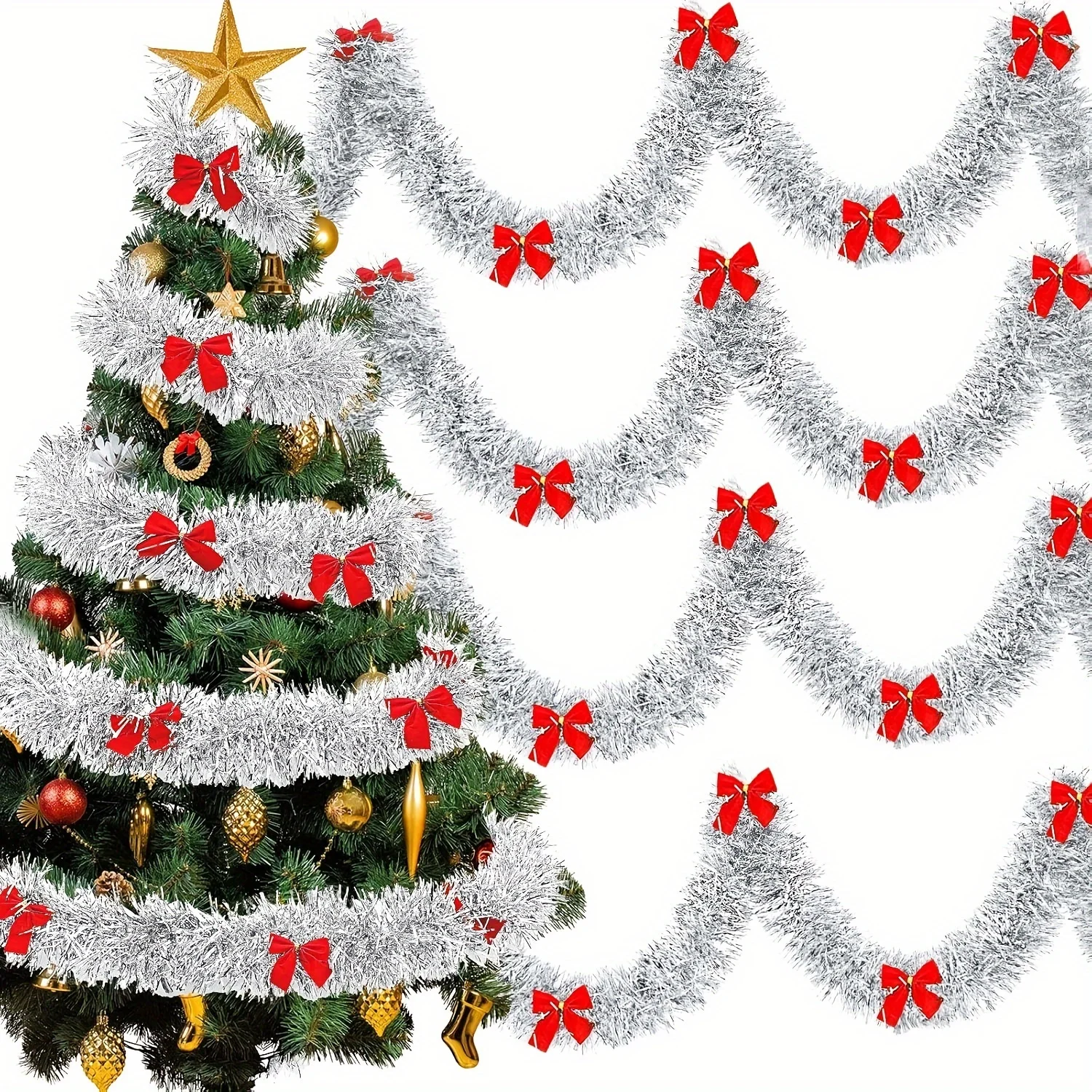 Tinsel Garland Decoration - พวงมาลัยคริสต์มาสประดับด้วยโบว์สีแดง พวงมาลัยโลหะสำหรับตกแต่งวันหยุด พวงมาลัยวินเทจสำหรับคริสต์มาส