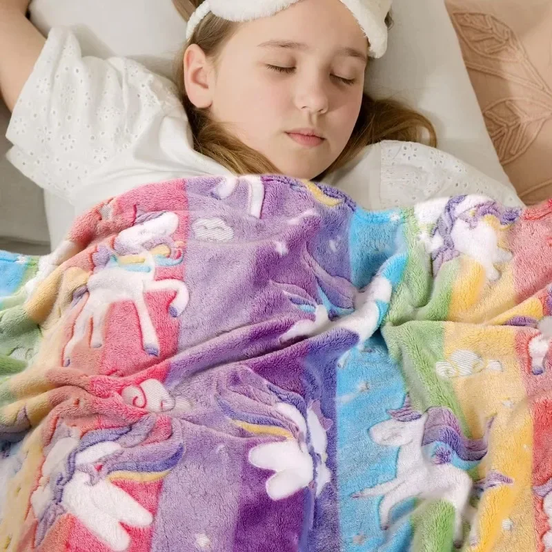 Cozy Glow-in-the-Dark Rainbow Unicorn Car Boys and Girls Birthday Gift Blanket Kids Soft Flannel Blanket for Sofa Bed