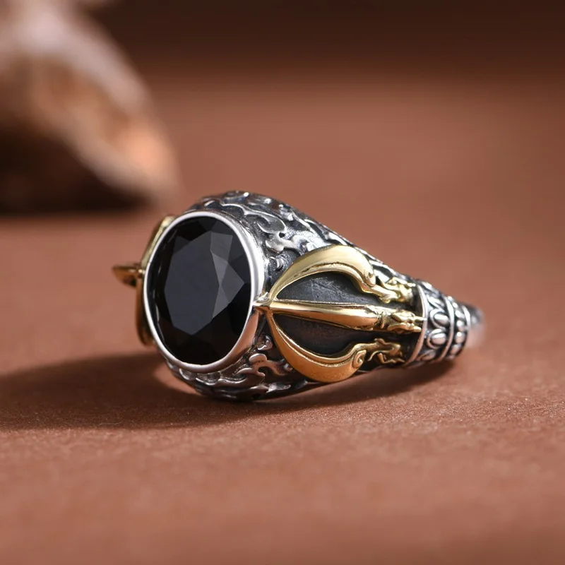 

Buddhism Bronze Gold Vajra Rings for Men 925 Sterling Silver Religious Jewelry Egg Facet Black Agate Ring Ethnic Lucky Clouds
