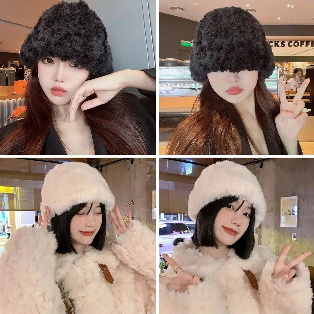 

Outdoor Plush Plush Bucket Hat Warm Furry Panama Hat Winter Soft Fisherman Cap for Women