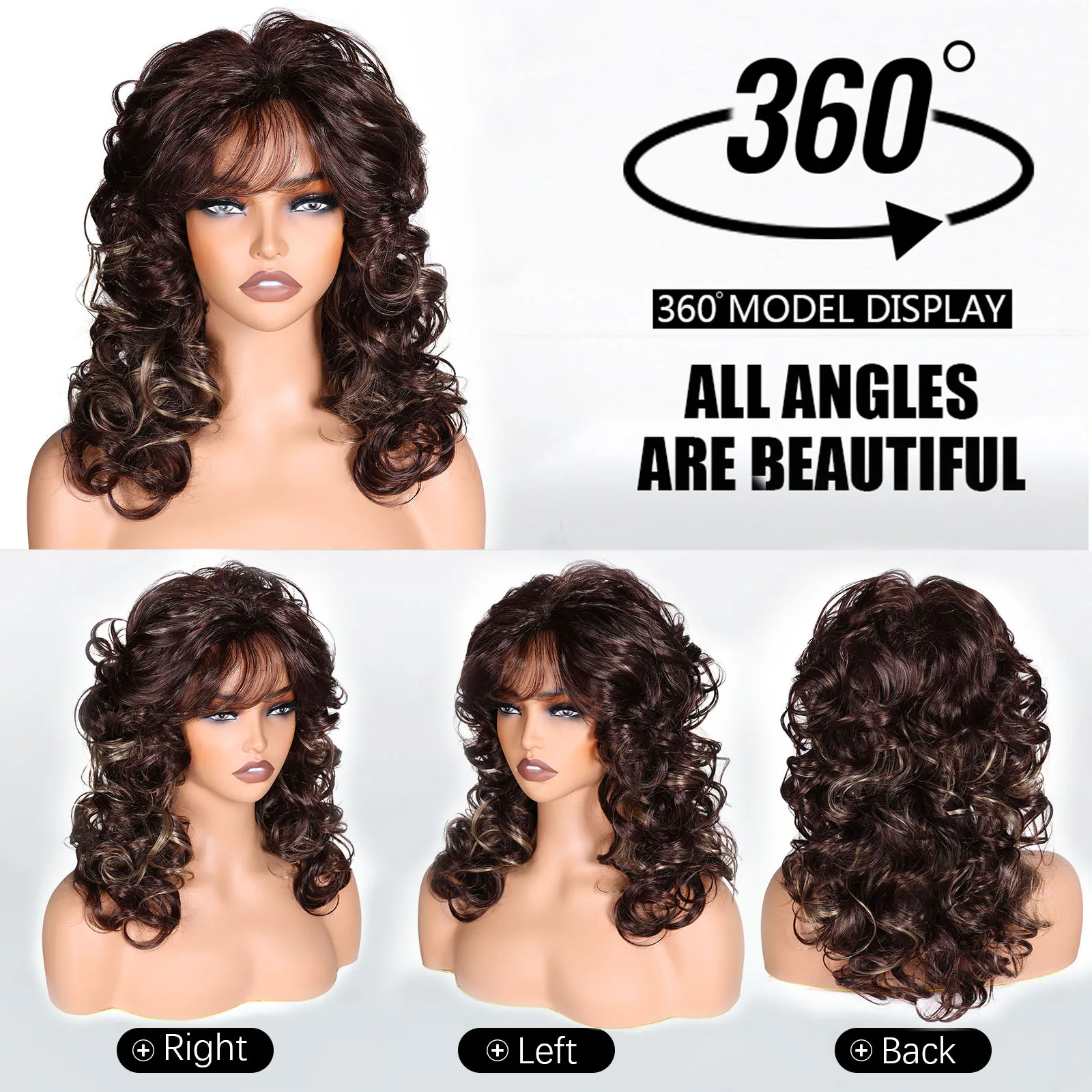 BCHR Long Curly Wavy Dark Brown Wigs with Bangs for Women Natural Looking Heat Resistant Synthetic Wigs