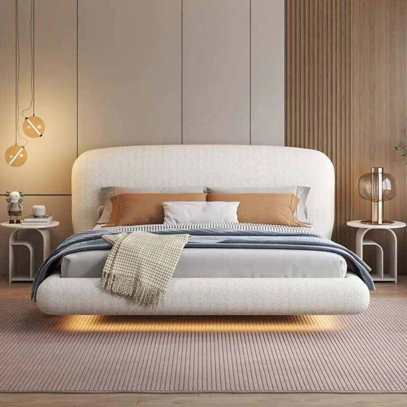 Lamb's wool suspension bed, modern simple fabric bed, designer Italian minimalist high-end light luxury cream style master bed