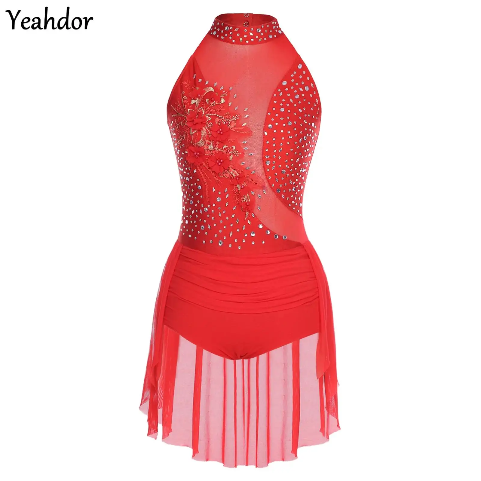 

Women Rhinestone Halter Sleeveless Latin Dance Leotard Irregular Skirted Bodysuit Gymnastics Skating Cha-cha Samba Tango Costume