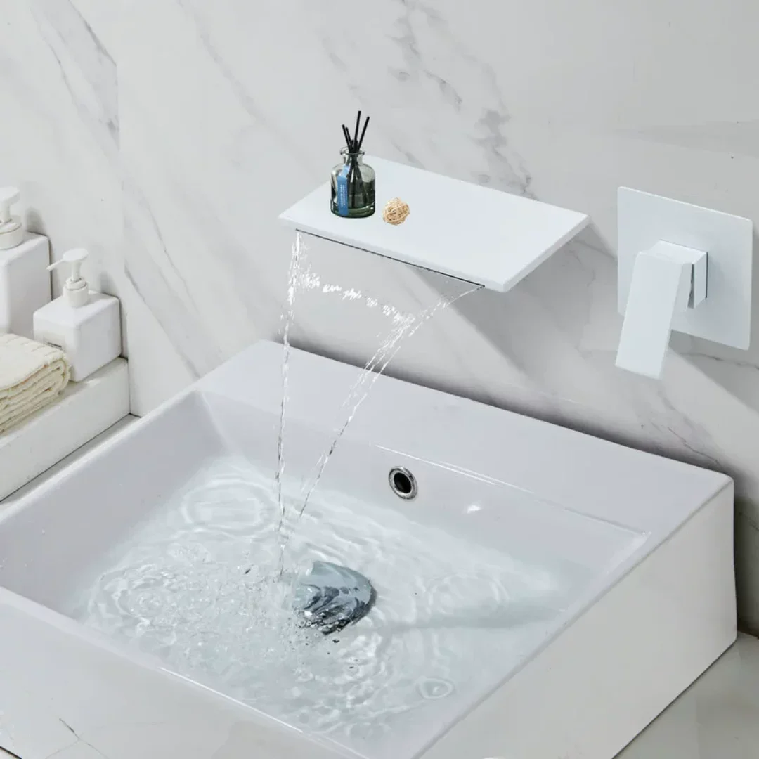 White Widespread Basin Two Hole Bathroom Black Lavotory Hot & Cold Black Waterfall Faucet In-wall basin Tap