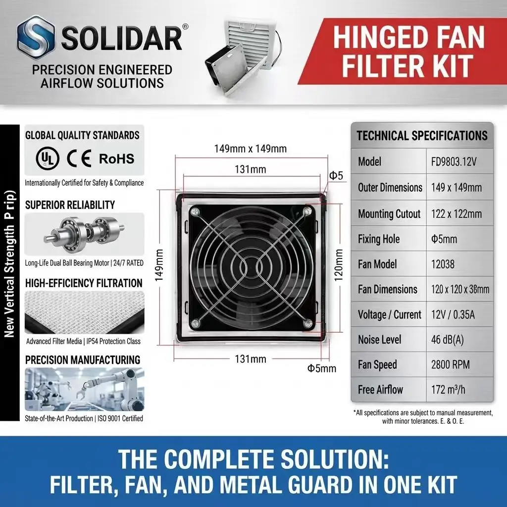 FD9803.12V Hinged Fan Filter Kit 149x149mm 12V 0.35A 120mm Cabinet Cooling Fan Metal Guard Dual Ball Bearing