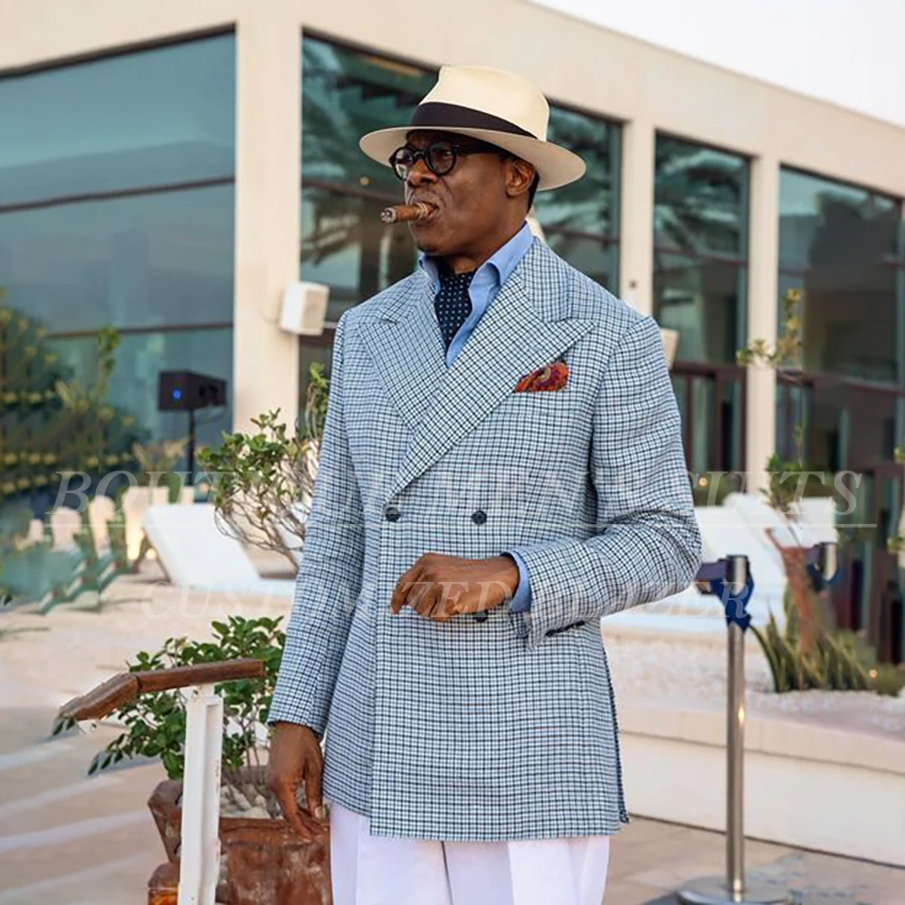 

Customzied Plaid Men's Suits Luxury Double Breasted Back Vent 2 Piece Jacket Pants Outfits High Quality Male Clothing Blazer Set