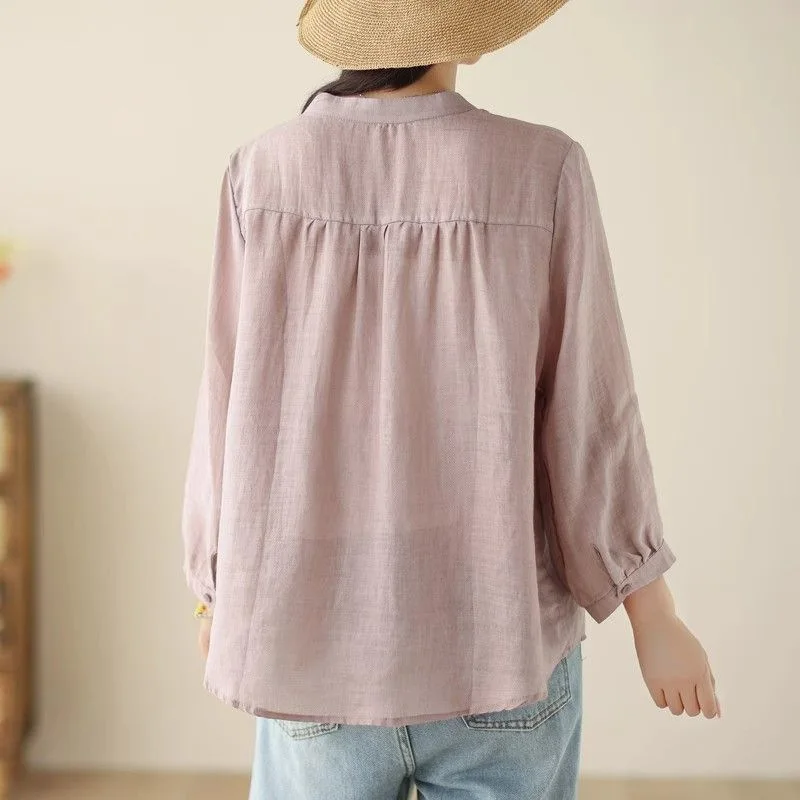 Women's Cotton Linen Loose Fit Summer Fashionable Casual Shirt Lightweight Sun Protection Seven Sleeve Loose Top