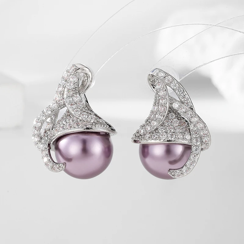 

SENYU Fashion Vines Surround Pearl Design Cubic Zirconia Stud Earrings High Quality Women Party Jewelry Charm Brides Earrings