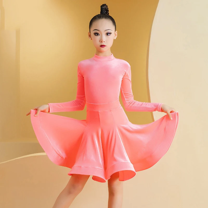 2024 Children Latin Dance Competition Dress For Girls Bright Velvet Long Sleeved Split Skirts Regular Clothes Latin Wear DN18559