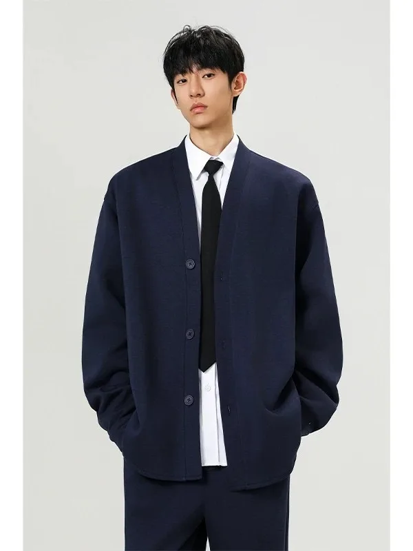 Retro Japanese Style V-Neck Open Cardigan Sweatshirt Men's Long Sleeve  Color Single Button Casual Loose Outerwear