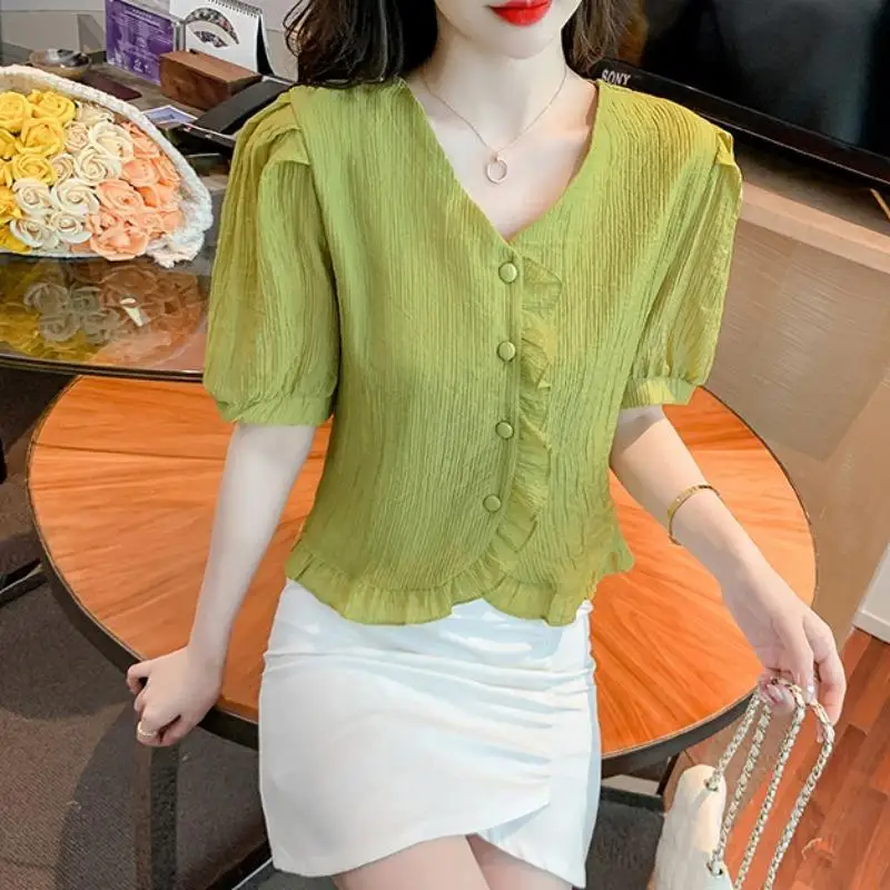 Elegant V-Neck Solid Color Spliced Ruffles Puff Sleeve Shirt Women\'s Clothing 2023 Spring New Casual Tops All-match Sweet Blouse