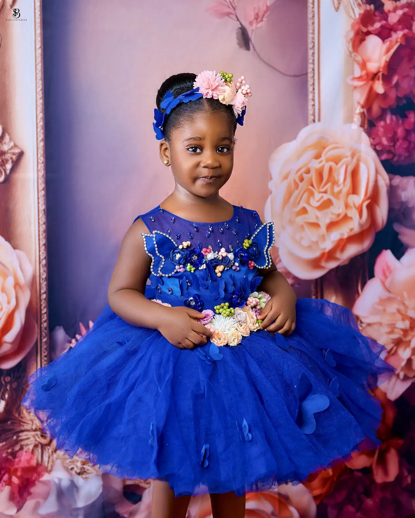 Robe de demoiselle d'honneur bleu royal pour mariage, robe de princesse florale 3D faite à la main, Saint Boho, robe de première communion d'anniversaire pour bébés filles