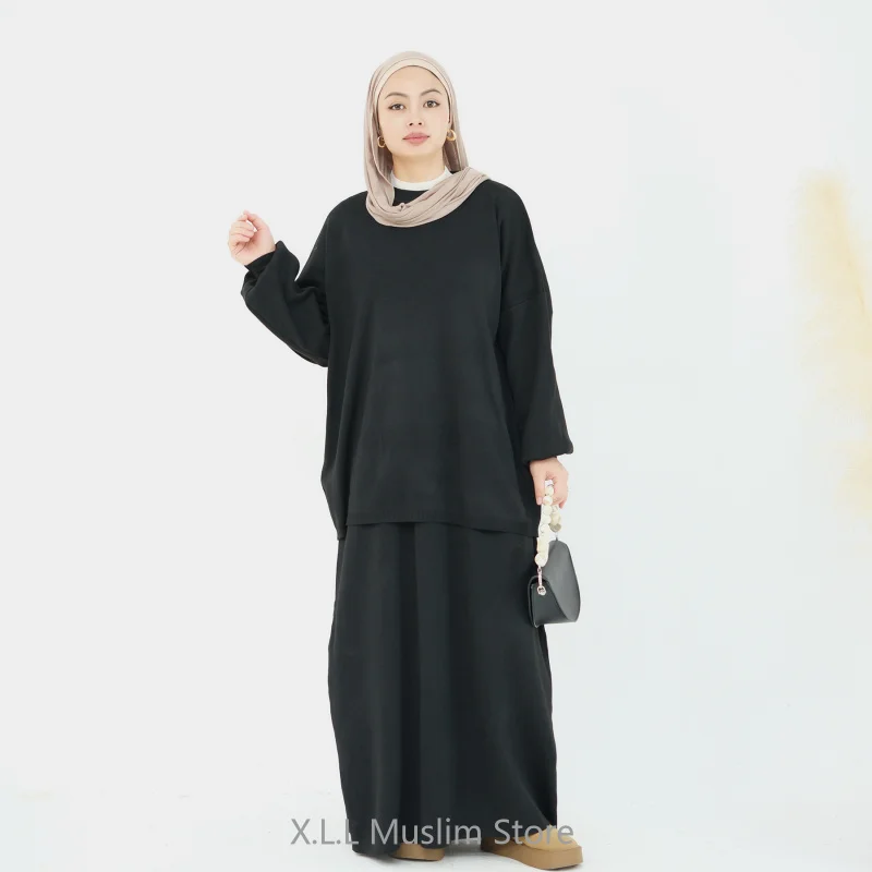 Womens 2 Peice Modest Thickening Knitting Suit Solid Color Multi-Color Long Loose Two-Piece Set Turkey Dresses For Women Luxury
