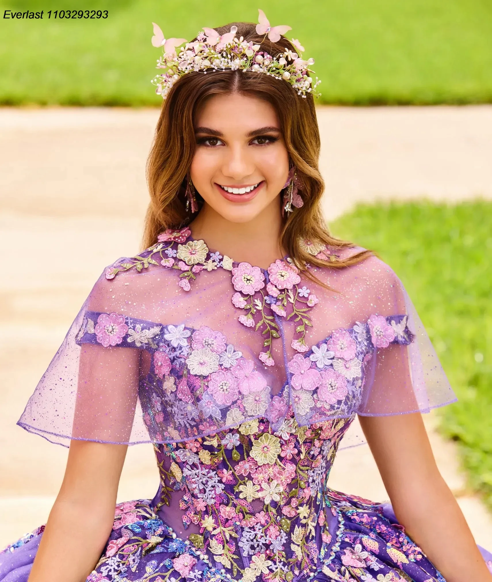 EVLAST Glitter Purple Quinceanera Dress Ball Gown 3D Colorful Floral Applique Beads With Cape Sweet 16 Vestido 15 De asenos TQD265