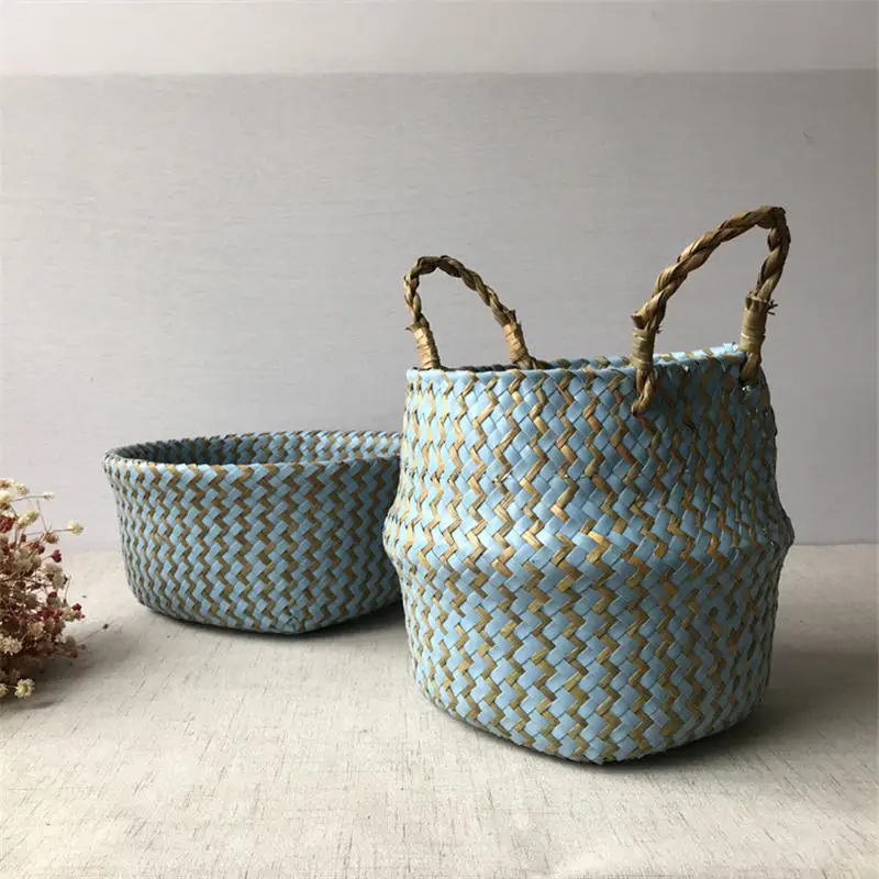 Foldable Handmade Seagrass Flower Pot Storage Wicker Basket Rattan Straw Home Garden Wave Pattern Planter pots Laundry Basket