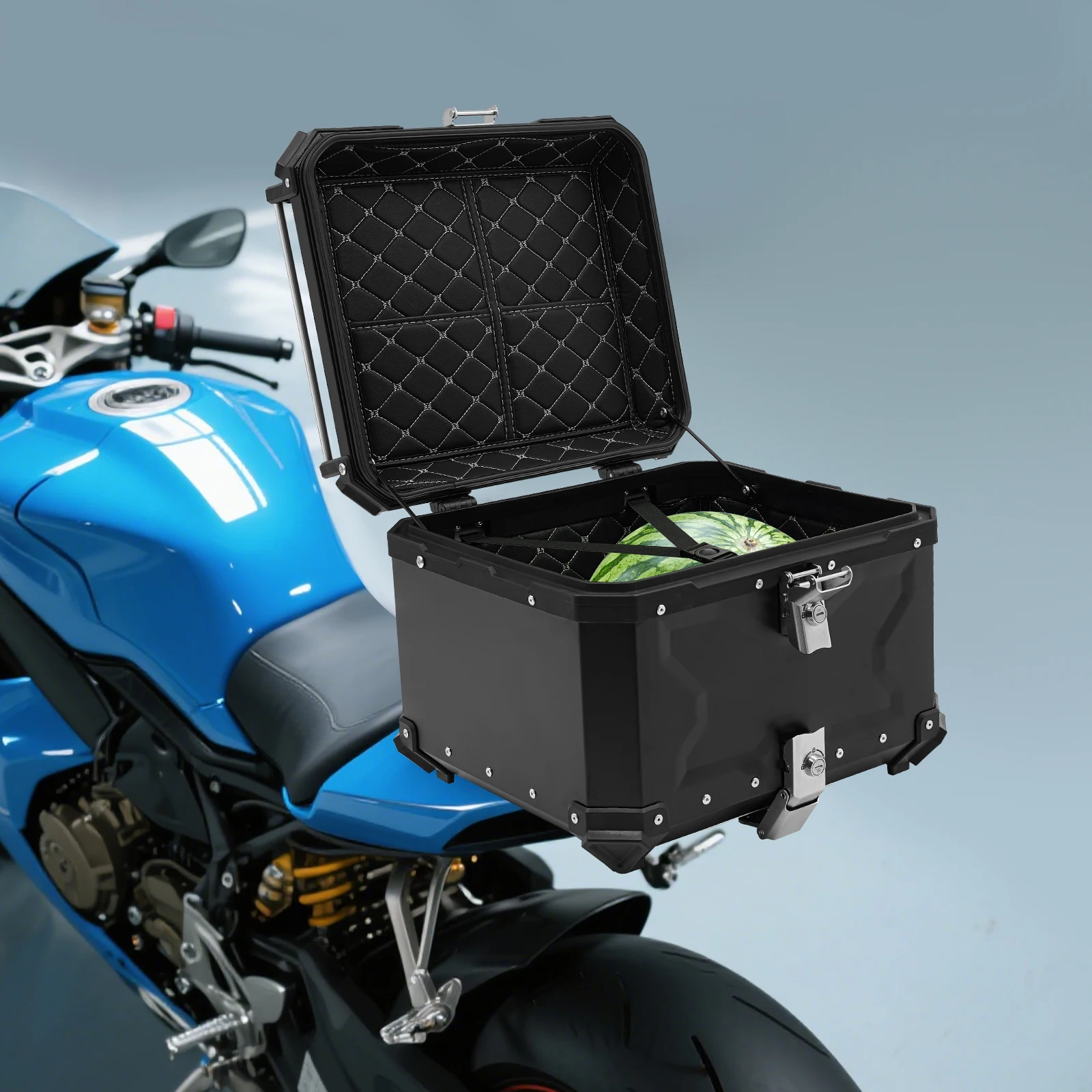 Top Case Universel 55L en Aluminium pour Moto, Coffre de Rangement Arrière Étanche pour Moto avec Doublure en PU, Boîte Arrière Verrouillable, Coin Anti-collision, Autocollant Réfléchissant, Charge Maximale 10kg, Porte-Bagages pour Casque, Organisateur de Voyage pour Scooter et Moto