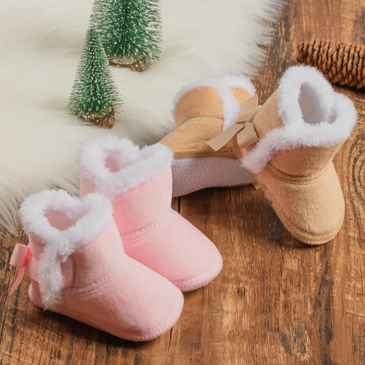 Meckior Winter Baby Boots Warm Fluff Bow Tie Soft Bottom Newborns Boy Girl Shoes First Walkers Infant Toddler Babies Girl Shoes