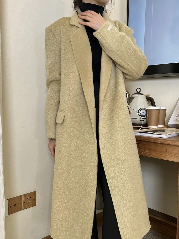 Hand Stitch Thick Alpaca Wool Coat Women Long Vintage Fashion Warm Loose Lapel Single Button Woolen Coats Female Autumn Winter