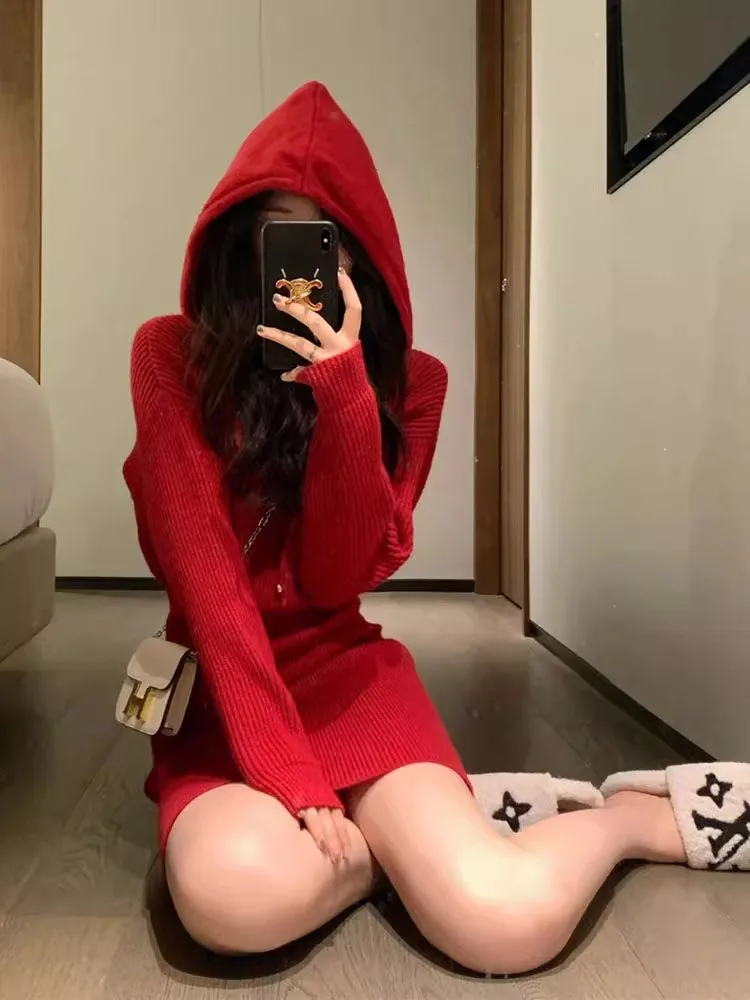 Robe courte rouge pour le nouvel an chinois, à capuche, slim, pour femmes