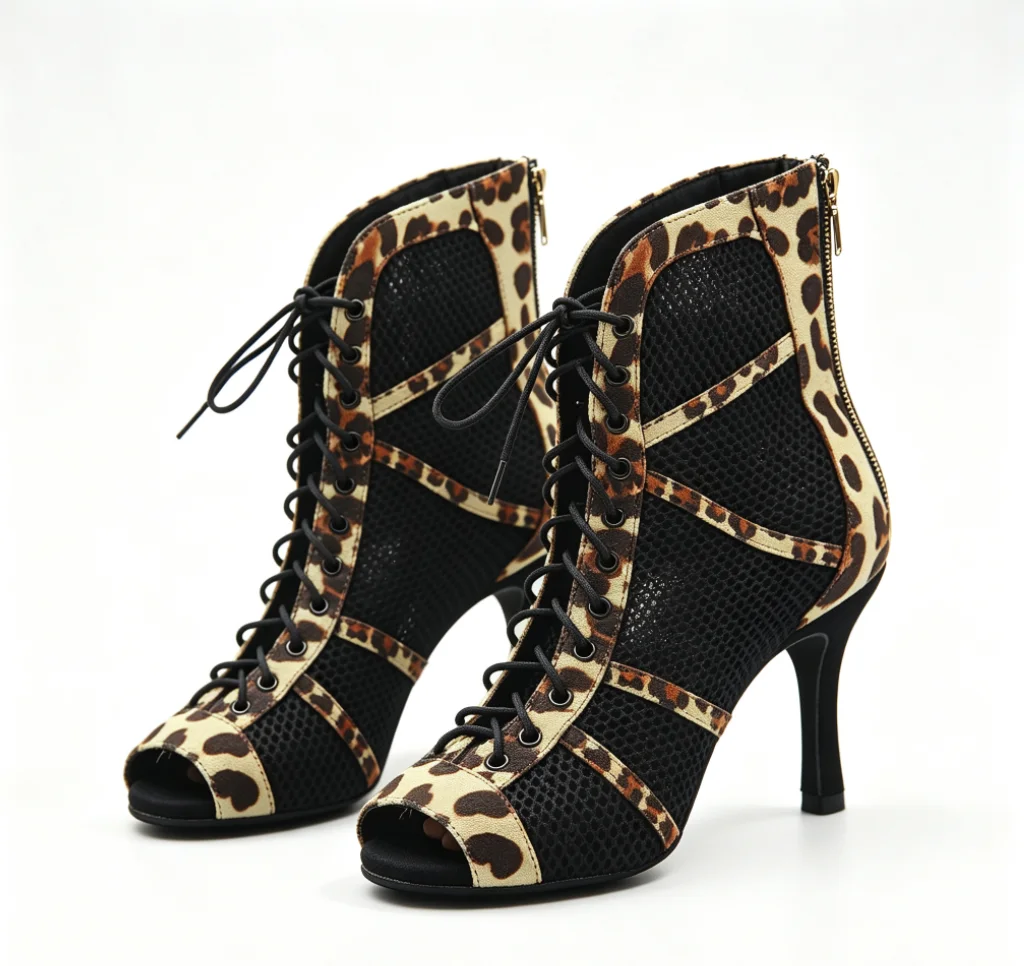 Evk Women Leopard Mesh Latin Dance Shoes High‑Top Lace‑Up Back Zipper Salsa Tango Ballroom Performance Dancing Booties Sandals