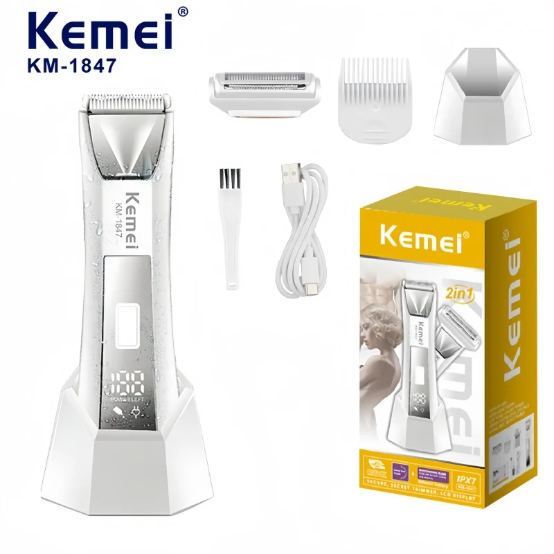 

Kemei KM-1847 Women's 2-in-1 Electric Shaver & Body Hair Trimmer – Wet/Dry Use, 2-Speed Adjustable, USB Rechargeable