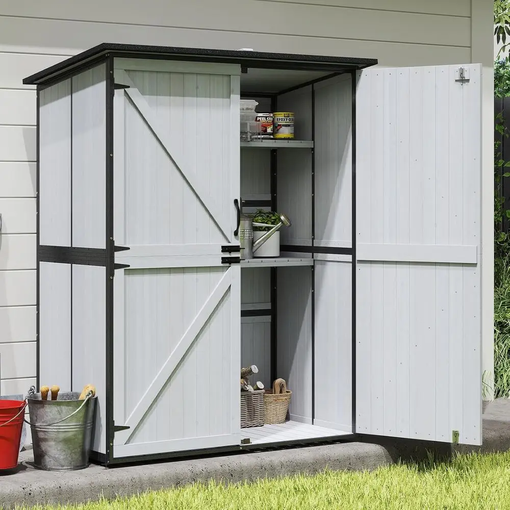 

White Outdoor Storage Shed with Floor, Waterproof Metal Cabinet, and Adjustable Shelves for Backyard Lawn and Garden