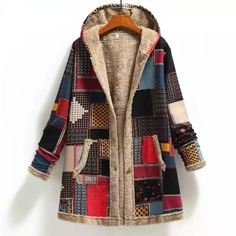 

Winter Female Warm Coat Print Thick Fleece Hooded Long Jacket with Pocket Ladies Loose Outwear Coat