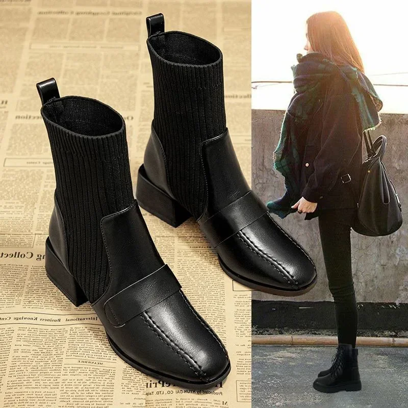 

Women Elastic Sock Boots Boots Female Autumn Winter 2023 New Square Toe Short Boots Slip-On Fashion Ankle