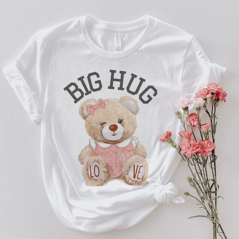 

Kawaii Sweet Bear с принтом, модный стиль, женский топ 90-х годов, базовая милая и универсальная уличная летняя популярная белая футболка